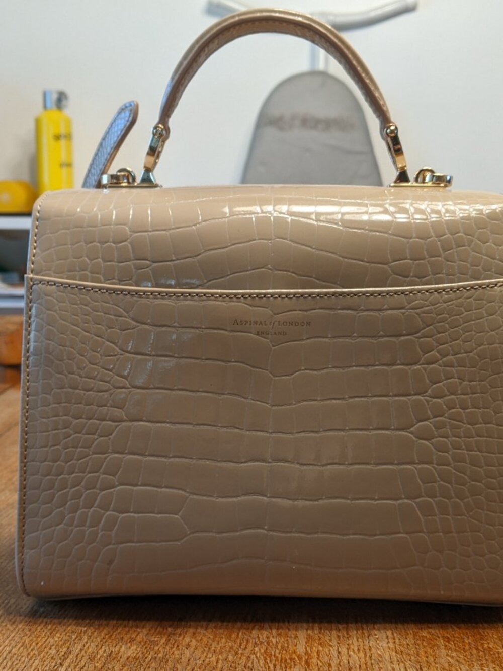 Aspinal of London Mayfair Large Bag Handbag Soft Taupe Patent Croc Beige WOO OWO - Picture 9 of 12